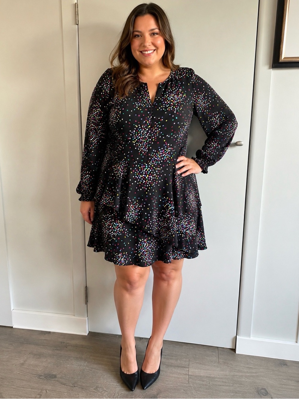 Kate Spade Size 14 Smocked Black Confetti Dot Long Sleeve Dress
